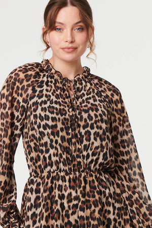 Brown | Animal Print Ruched Tie Neck Short Dress
