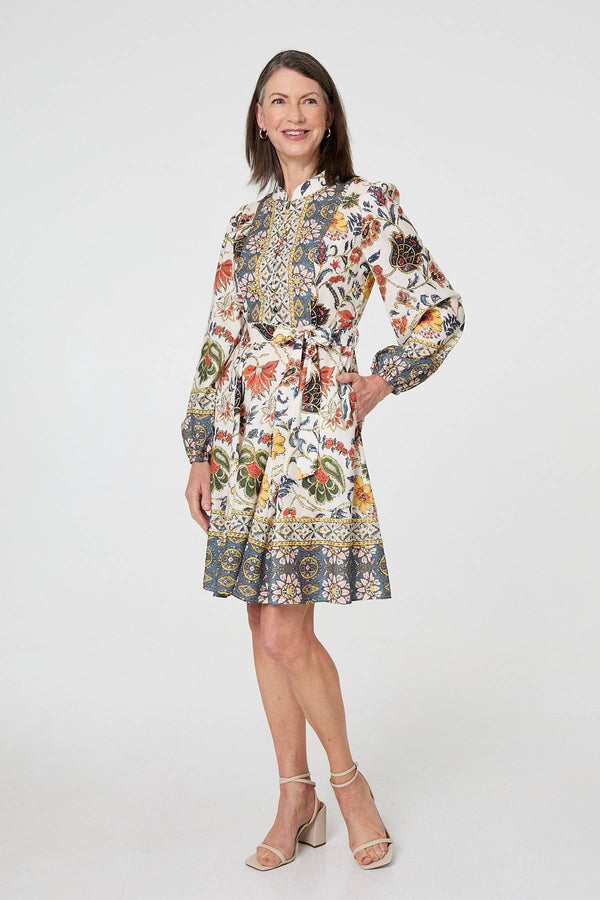 Green | Border Print Tie Waist Shirt Short Dress
