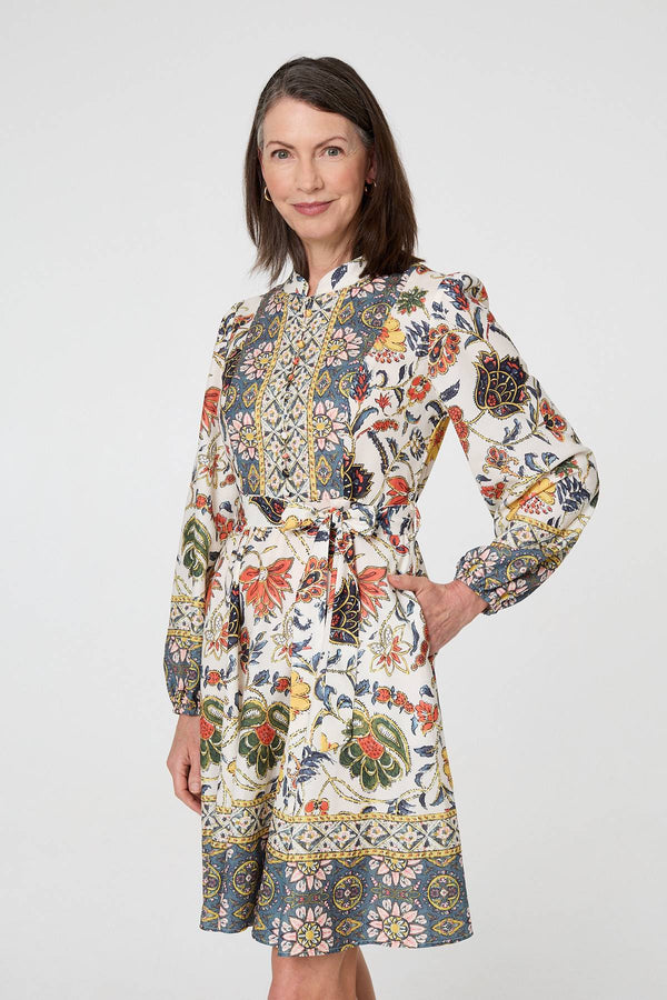 Green | Border Print Tie Waist Shirt Short Dress
