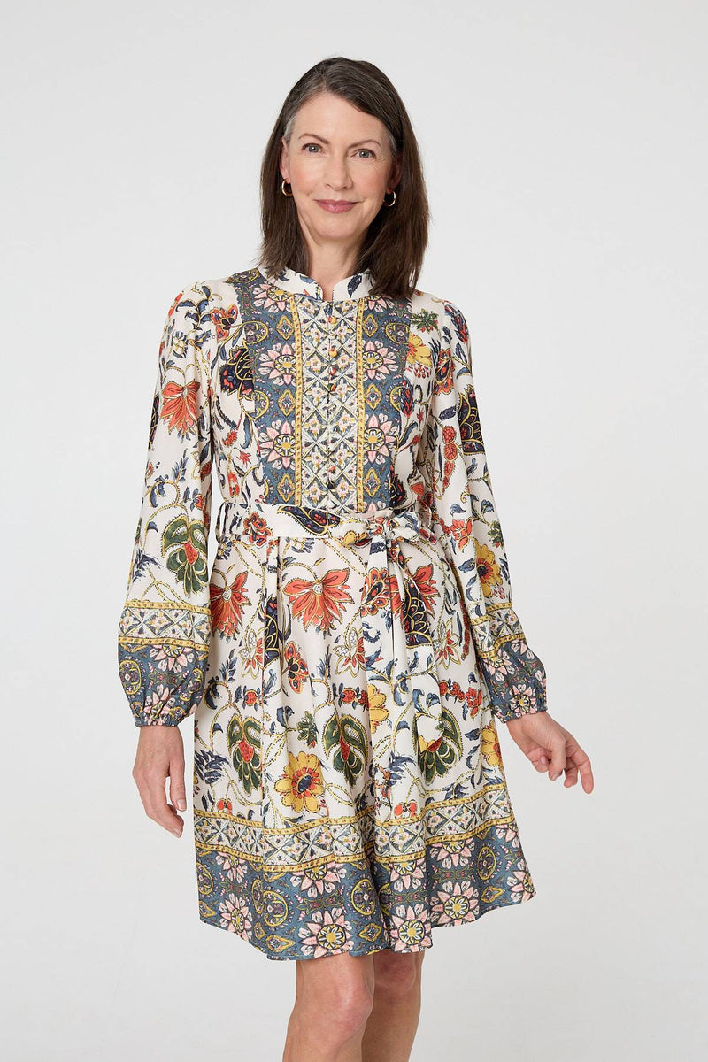 Border Print Tie Waist Shirt Short Dress