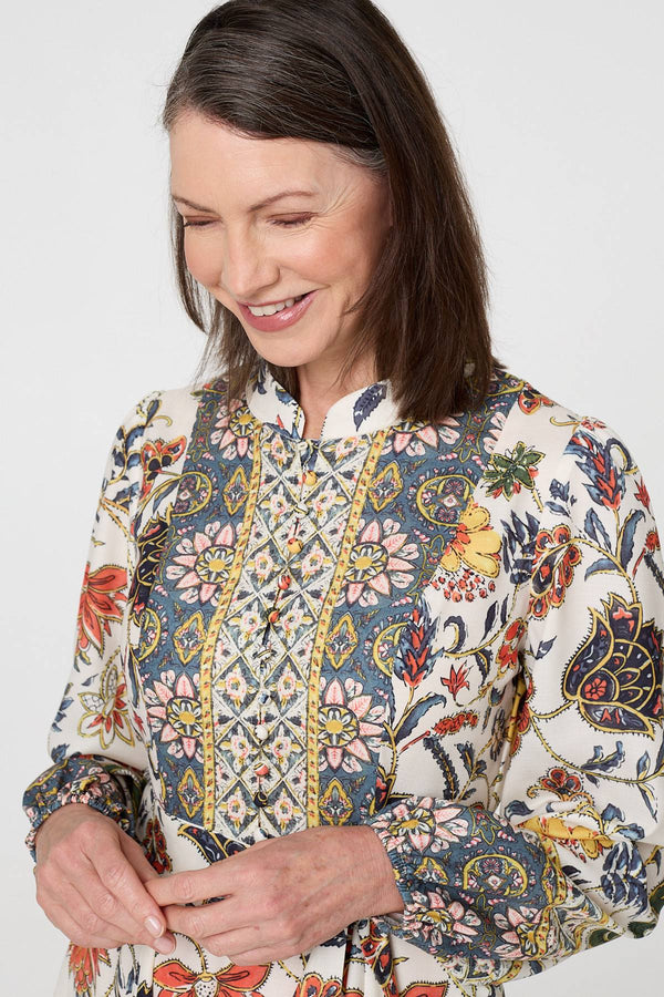 Green | Border Print Tie Waist Shirt Short Dress
