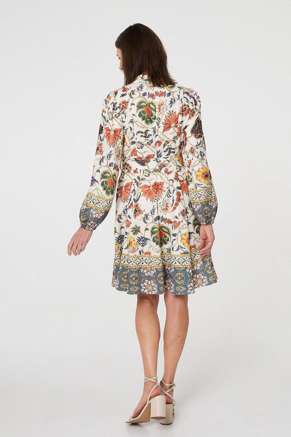 Green | Border Print Tie Waist Shirt Short Dress
