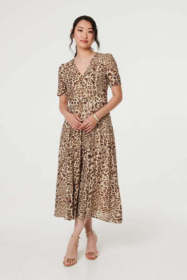 Brown | Animal Print Belt Detail Midi Dress
