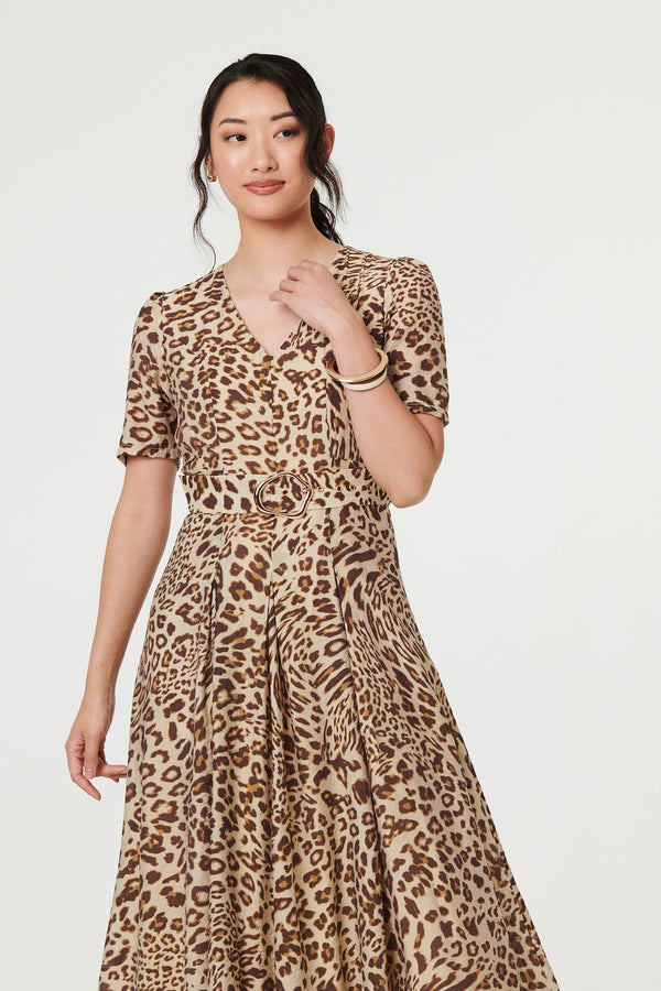 Brown | Animal Print Belt Detail Midi Dress
