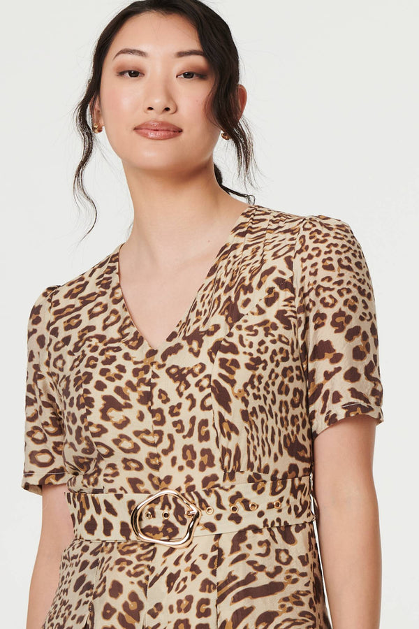 Brown | Animal Print Belt Detail Midi Dress
