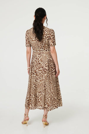 Brown | Animal Print Belt Detail Midi Dress
