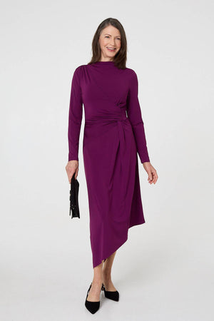 Purple | Asymmetric Twist Long Sleeve Midi Dress
