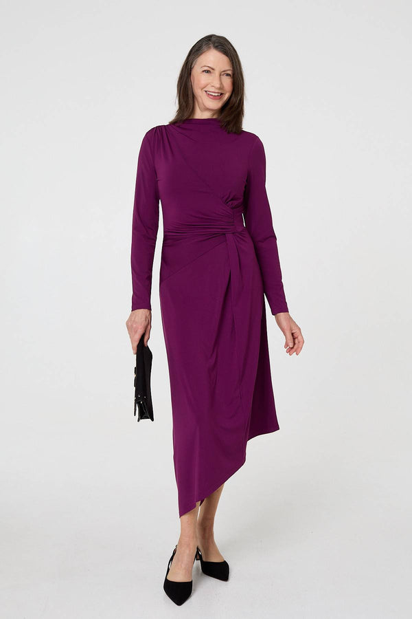 Purple | Asymmetric Twist Long Sleeve Midi Dress
