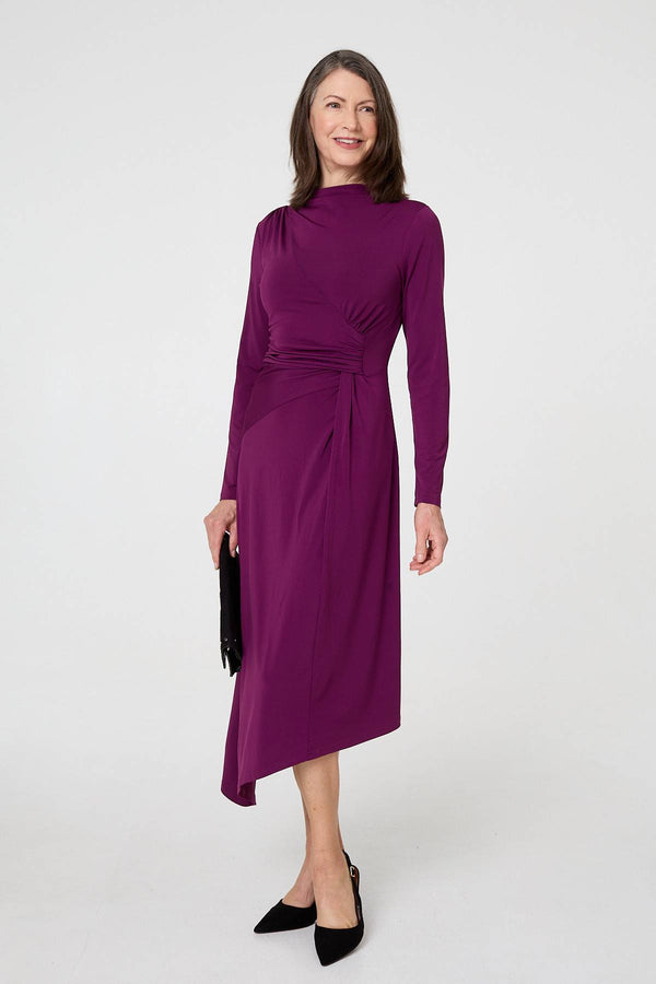 Purple | Asymmetric Twist Long Sleeve Midi Dress
