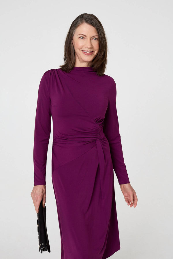 Purple | Asymmetric Twist Long Sleeve Midi Dress
