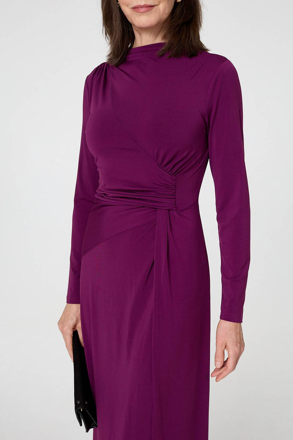 Purple | Asymmetric Twist Long Sleeve Midi Dress
