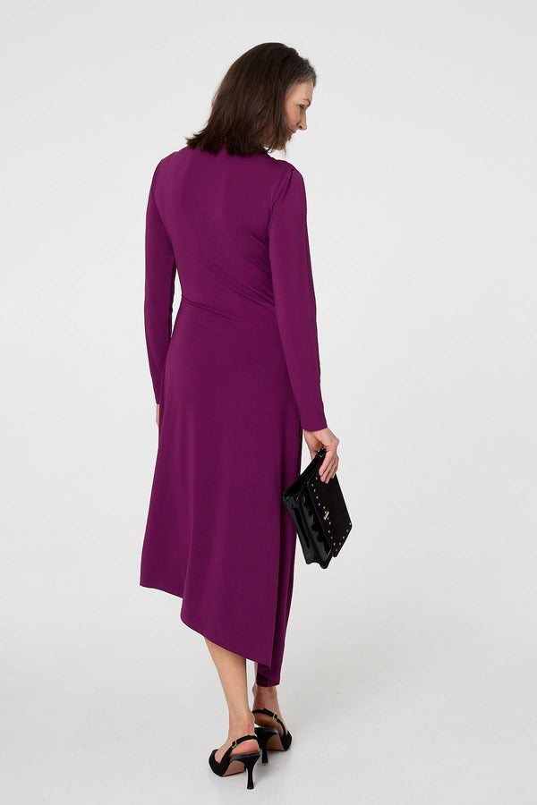 Purple | Asymmetric Twist Long Sleeve Midi Dress
