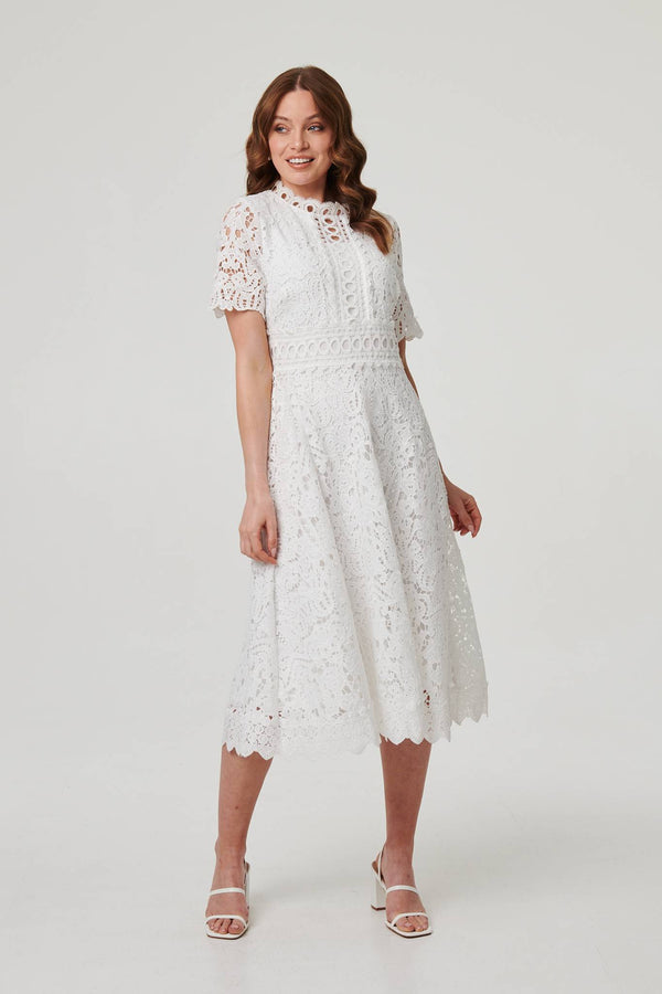 White | Lace Layer Short Sleeve Midi Dress