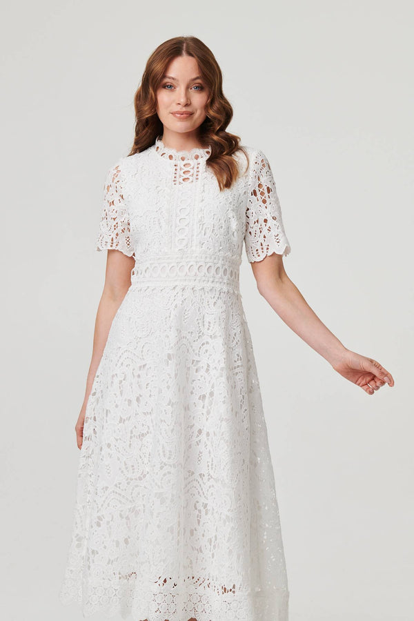 White | Lace Layer Short Sleeve Midi Dress