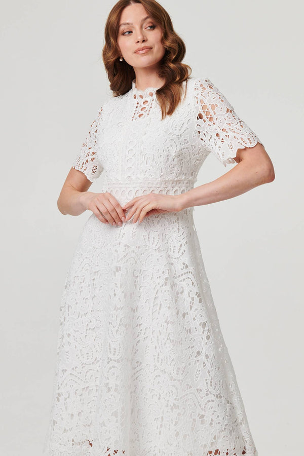 White | Lace Layer Short Sleeve Midi Dress