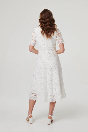 White | Lace Layer Short Sleeve Midi Dress