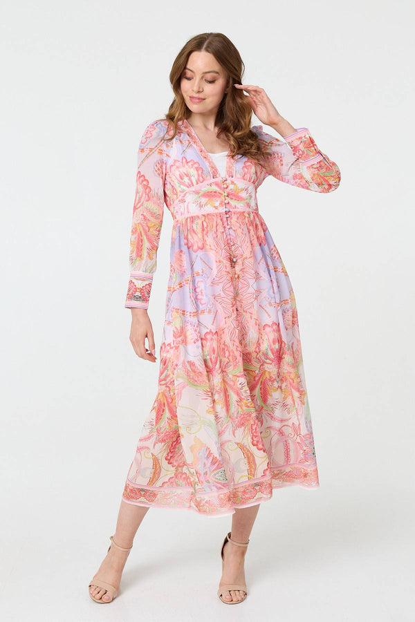 Pink | Printed Puff Sleeve Empire Maxi Dress