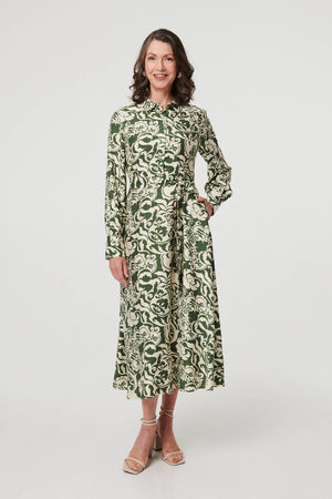 Green | Printed Long Sleeve Shirt Midi Dress
