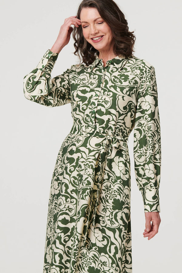 Green | Printed Long Sleeve Shirt Midi Dress
