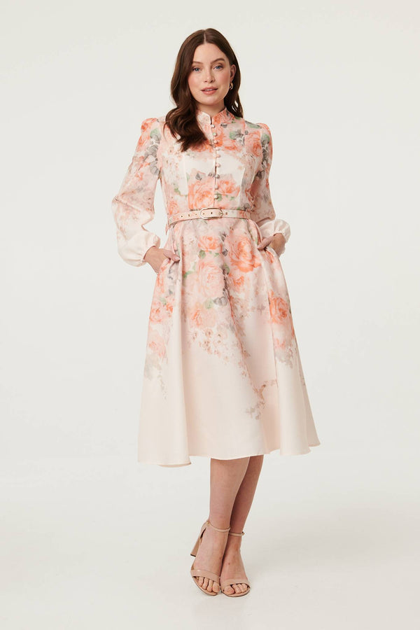 Pink | Floral Belted High Neck Midi Dress