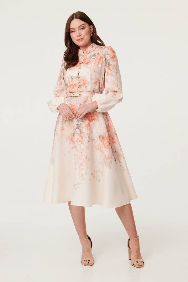 Pink | Floral Belted High Neck Midi Dress