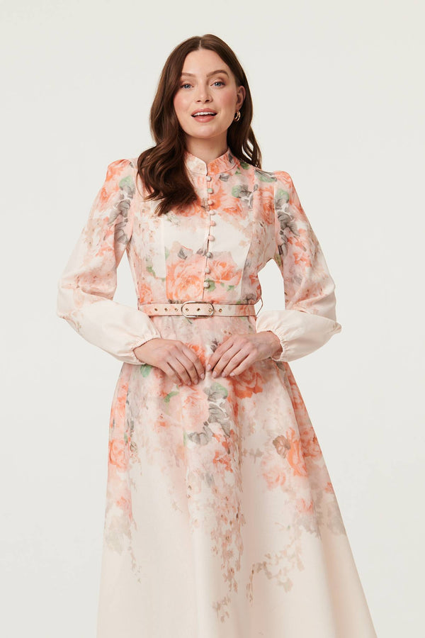 Pink | Floral Belted High Neck Midi Dress