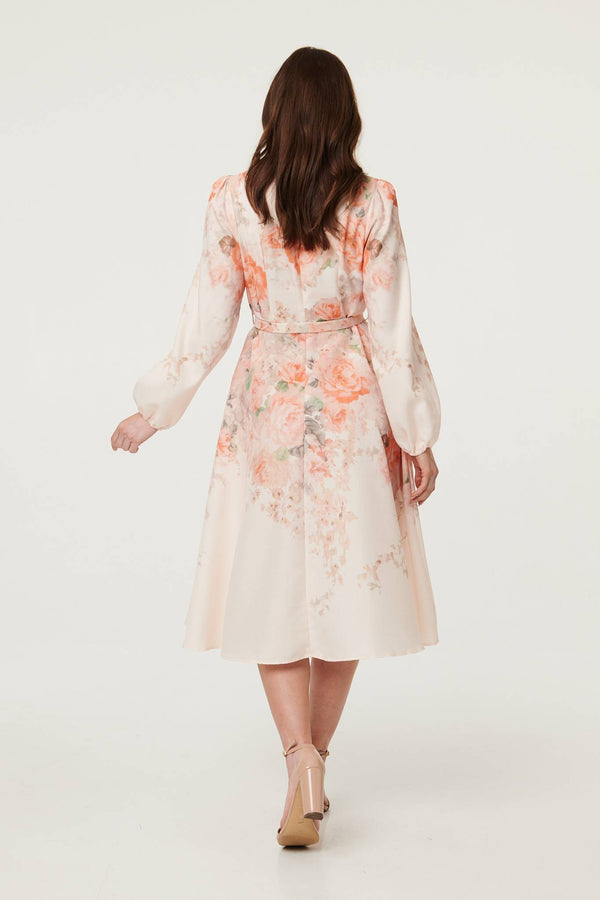 Pink | Floral Belted High Neck Midi Dress
