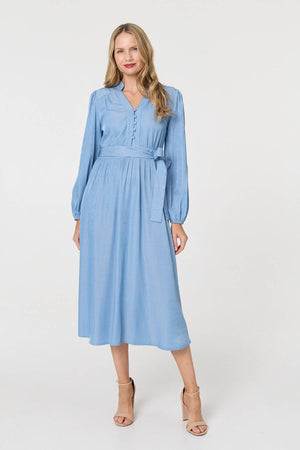 Blue | Long Sleeve Empire Tie Waist Midi Dress
