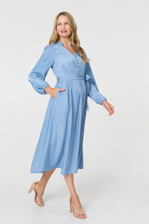 Blue | Long Sleeve Empire Tie Waist Midi Dress
