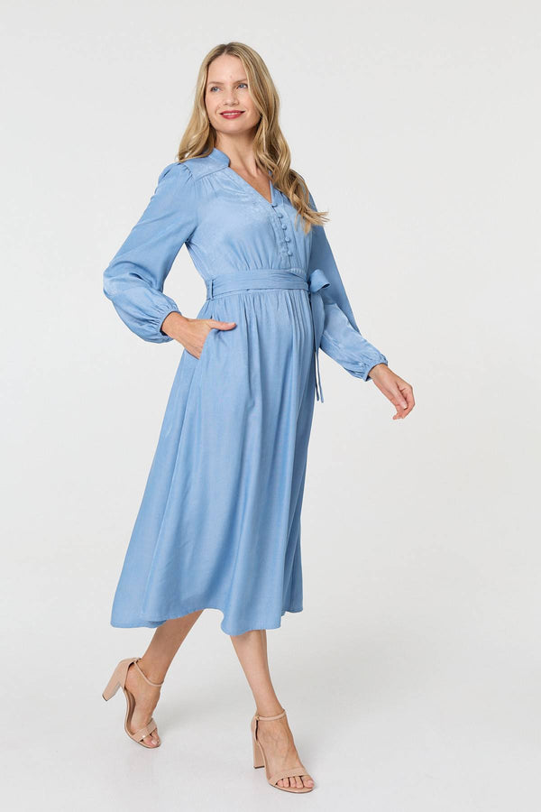 Blue | Long Sleeve Empire Tie Waist Midi Dress
