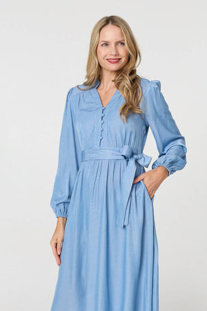 Blue | Long Sleeve Empire Tie Waist Midi Dress
