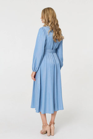 Blue | Long Sleeve Empire Tie Waist Midi Dress
