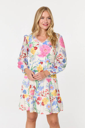 Pink | Floral Long Sleeve Tiered Short Dress
