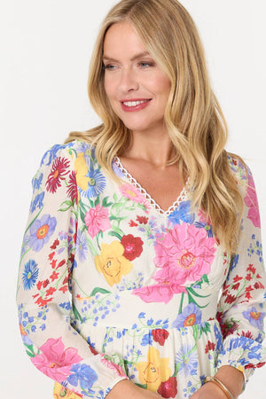 Pink | Floral Long Sleeve Tiered Short Dress
