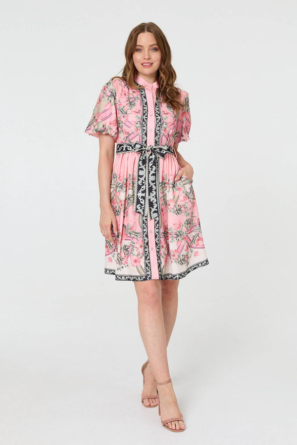 Pink | Border Print Tie Waist Short Dress
