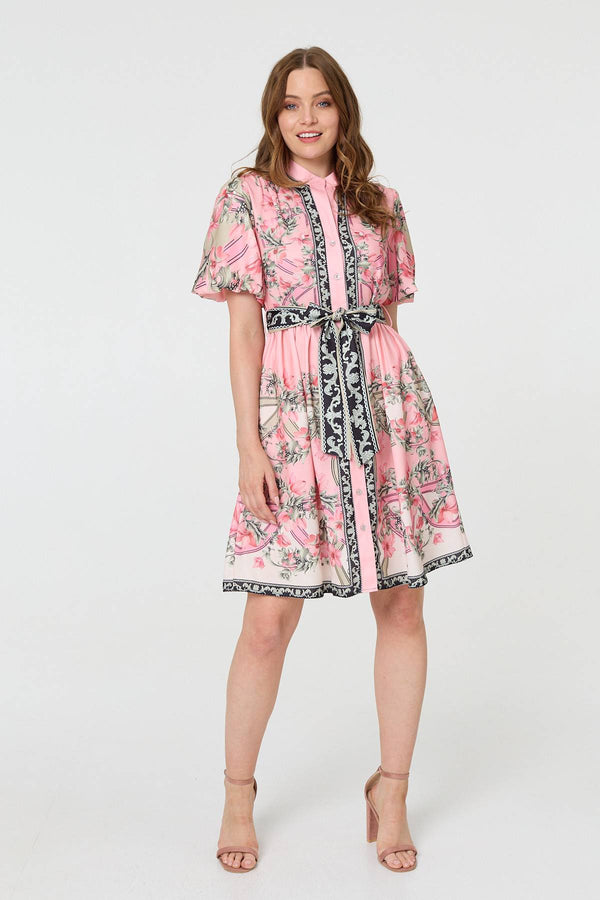 Pink | Border Print Tie Waist Short Dress

