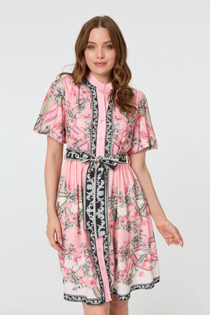 Pink | Border Print Tie Waist Short Dress

