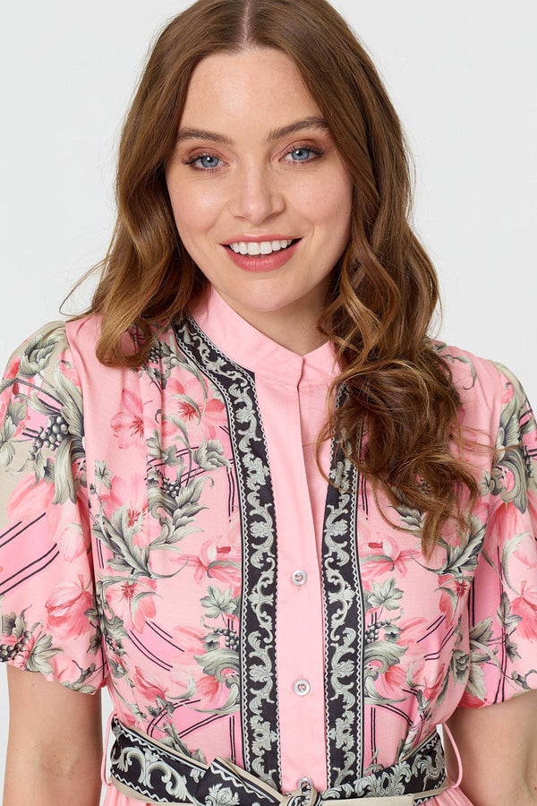 Pink | Border Print Tie Waist Short Dress
