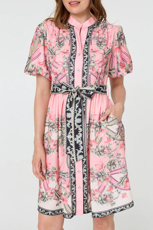 Pink | Border Print Tie Waist Short Dress
