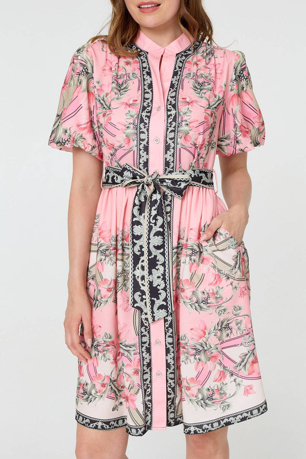 Pink | Border Print Tie Waist Short Dress
