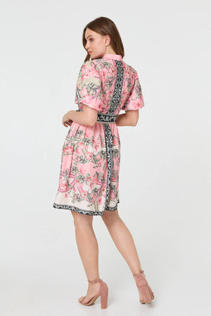 Pink | Border Print Tie Waist Short Dress
