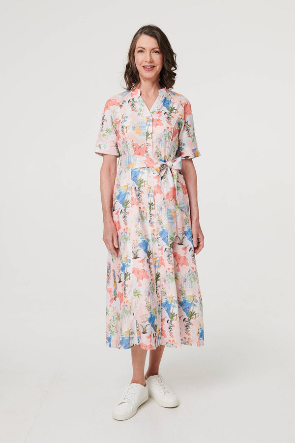 Pink | Printed Tie Waist 1/2 Sleeve Midi Dress
