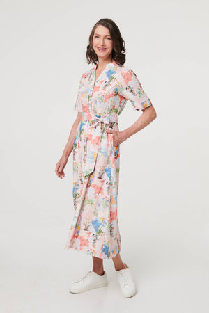Pink | Printed Tie Waist 1/2 Sleeve Midi Dress
