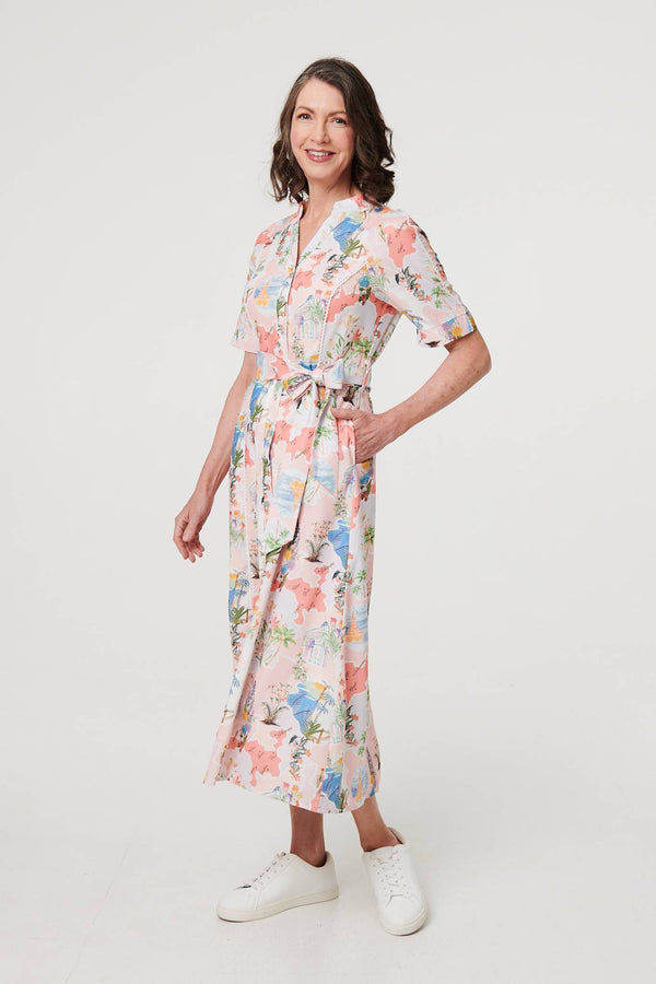 Pink | Printed Tie Waist 1/2 Sleeve Midi Dress
