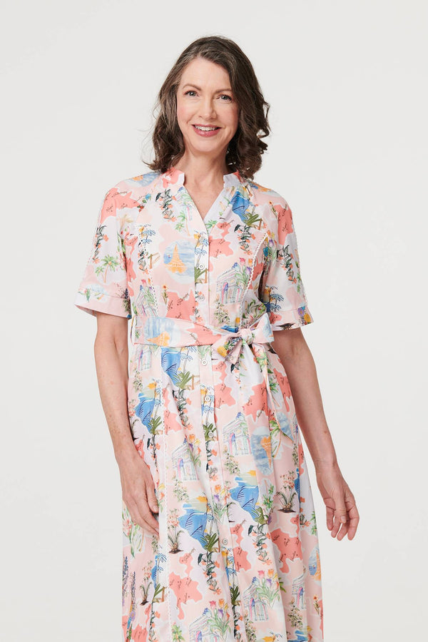 Pink | Printed Tie Waist 1/2 Sleeve Midi Dress
