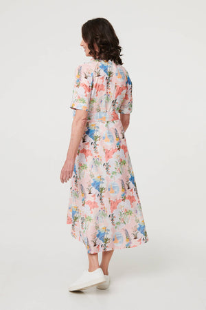 Pink | Printed Tie Waist 1/2 Sleeve Midi Dress
