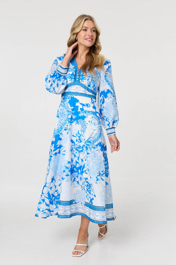 Blue | Floral Long Sleeve A-Line Maxi Dress