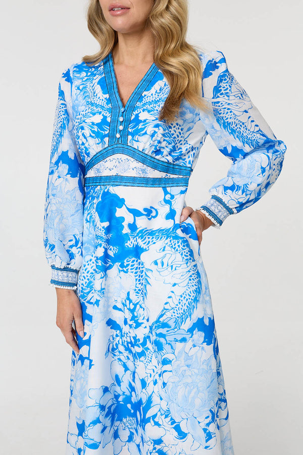 Blue | Floral Long Sleeve A-Line Maxi Dress
