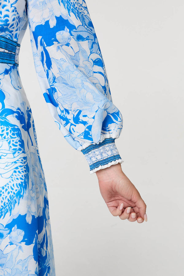 Blue | Floral Long Sleeve A-Line Maxi Dress