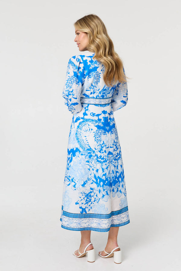 Blue | Floral Long Sleeve A-Line Maxi Dress